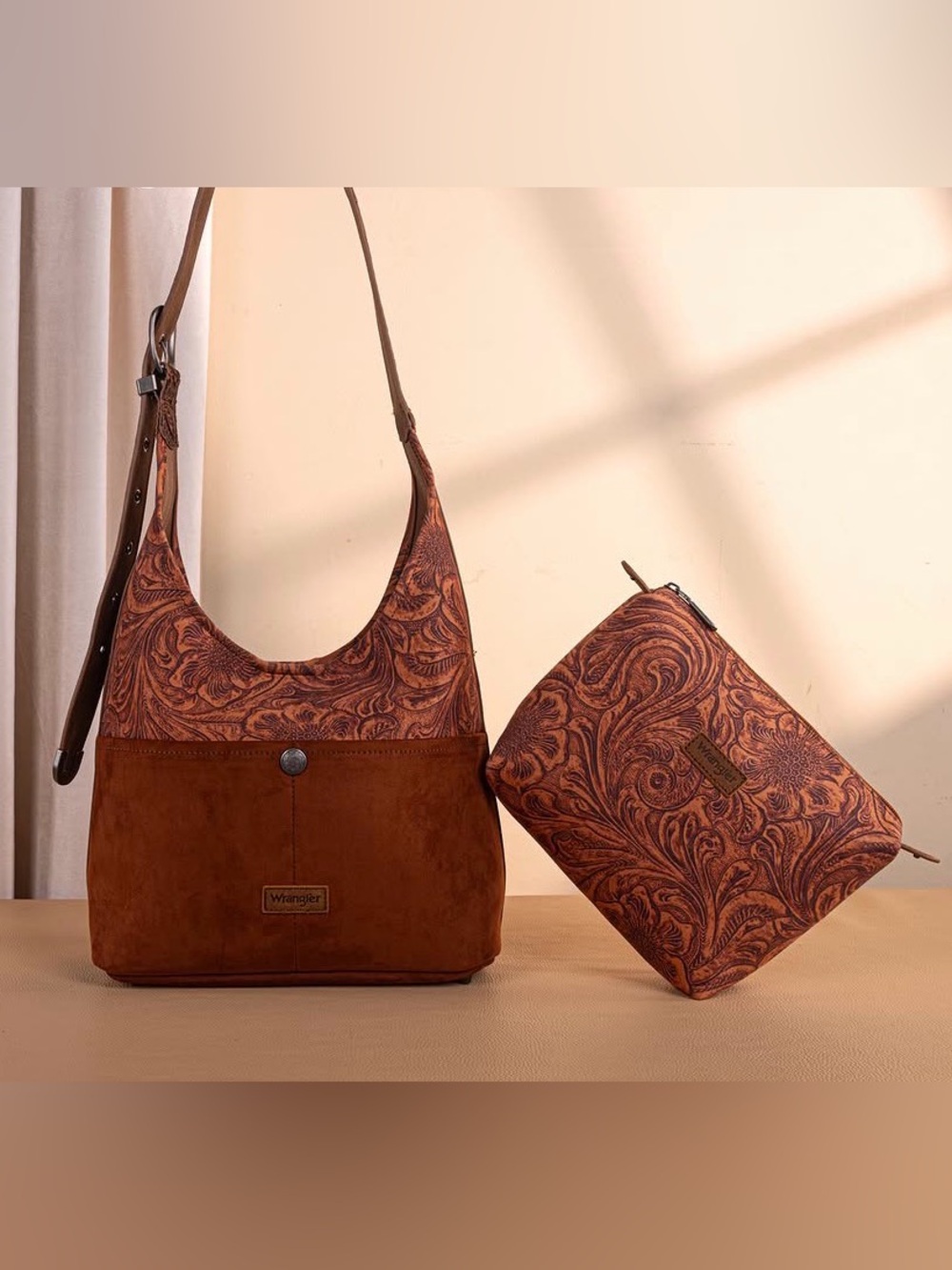 Wrangler Vintage Floral Printed Hobo Bag & Pouch  - Brown